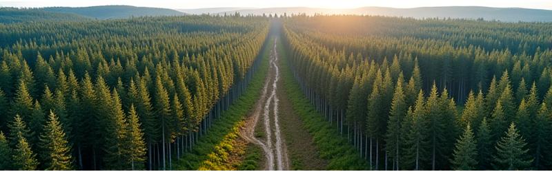 Metsämaisema, jossa hakkuuaukea yhdistyy uudelleenistutettuihin alueisiin