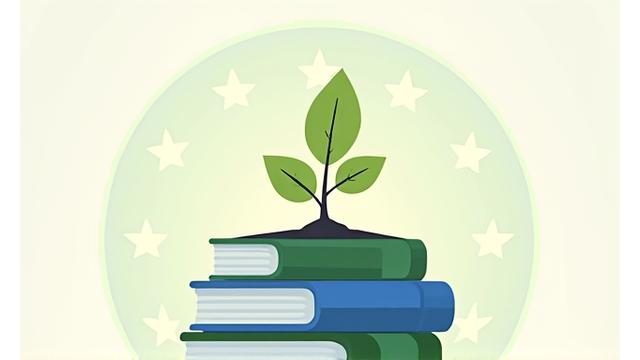 EU:n Green Deal -logo ja vihreä kasvi symboloiden kestävää kehitystä