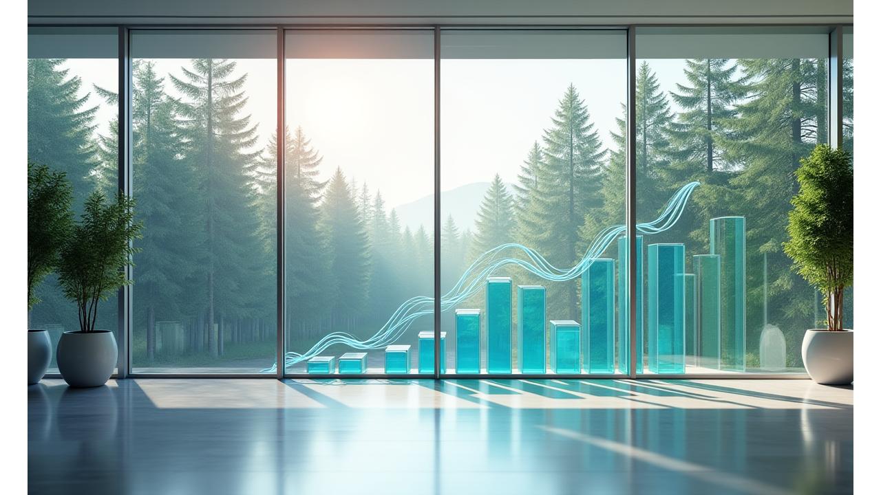 Näkymä tyylikkäästä toimistosta, ikkunasta siintää metsämaisema. Esiintyy abstrakti visuaalinen elementti, joka symboloi strategista suunnittelua ja kasvua vihreillä ja sinisillä sävyillä.