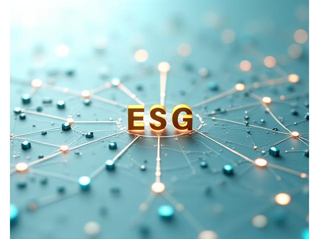 Digitaalinen infografiikka esittämässä ESG-säännösten ja kestävän kehityksen periaatteiden monimutkaista verkostoa.