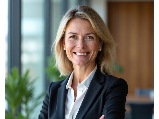 Elina Virtanen, perustajaosakas ja ympäristöoikeuden johtava asiantuntija. Nainen, n. 45v, pukeutunut ammattimaisesti, luonnollinen hymy, taustalla moderni toimisto.