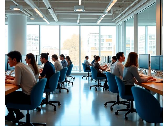 Startup-henkinen toimisto, jossa nuoret ammattilaiset työskentelevät energisesti, taustalla piirros pilvenpiirtäjistä.